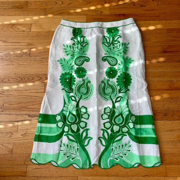 NWT FARM Rio Green and White Floral Linen Midi Skirt - Picture 4 of 10